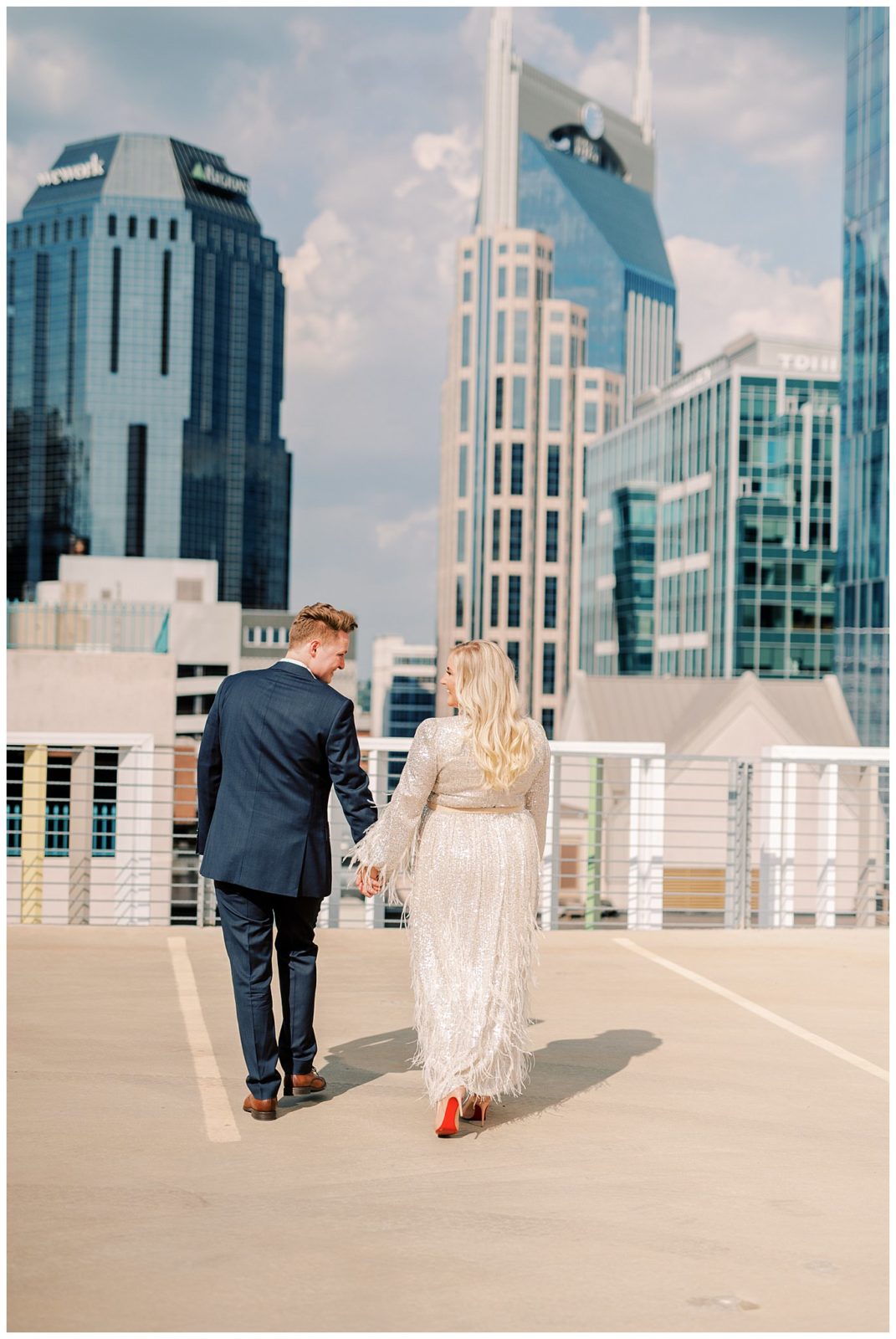 engagement portraits on rooftop of Nashville public library