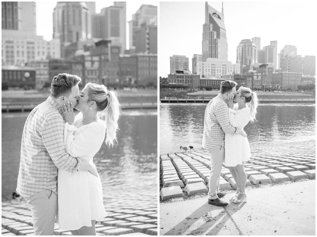 timeless engagement photos with the Nashville skyline in the background