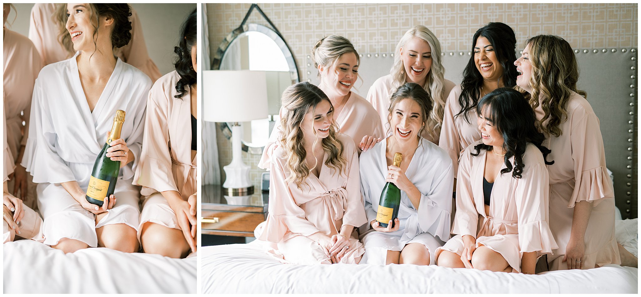 bride and bridesmaids sit on bed with champagne 