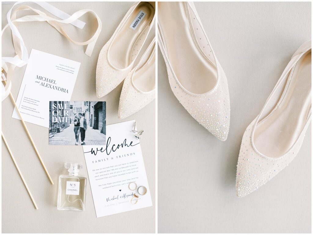 wedding details and bride's shoes