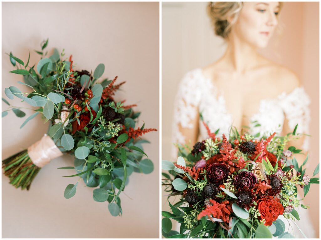 winter wedding bouquet with maroon blooms