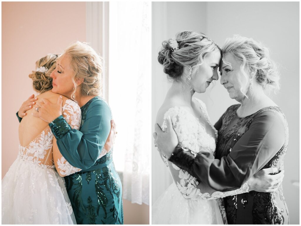 mother-daughter moment while bride gets ready for wedding 