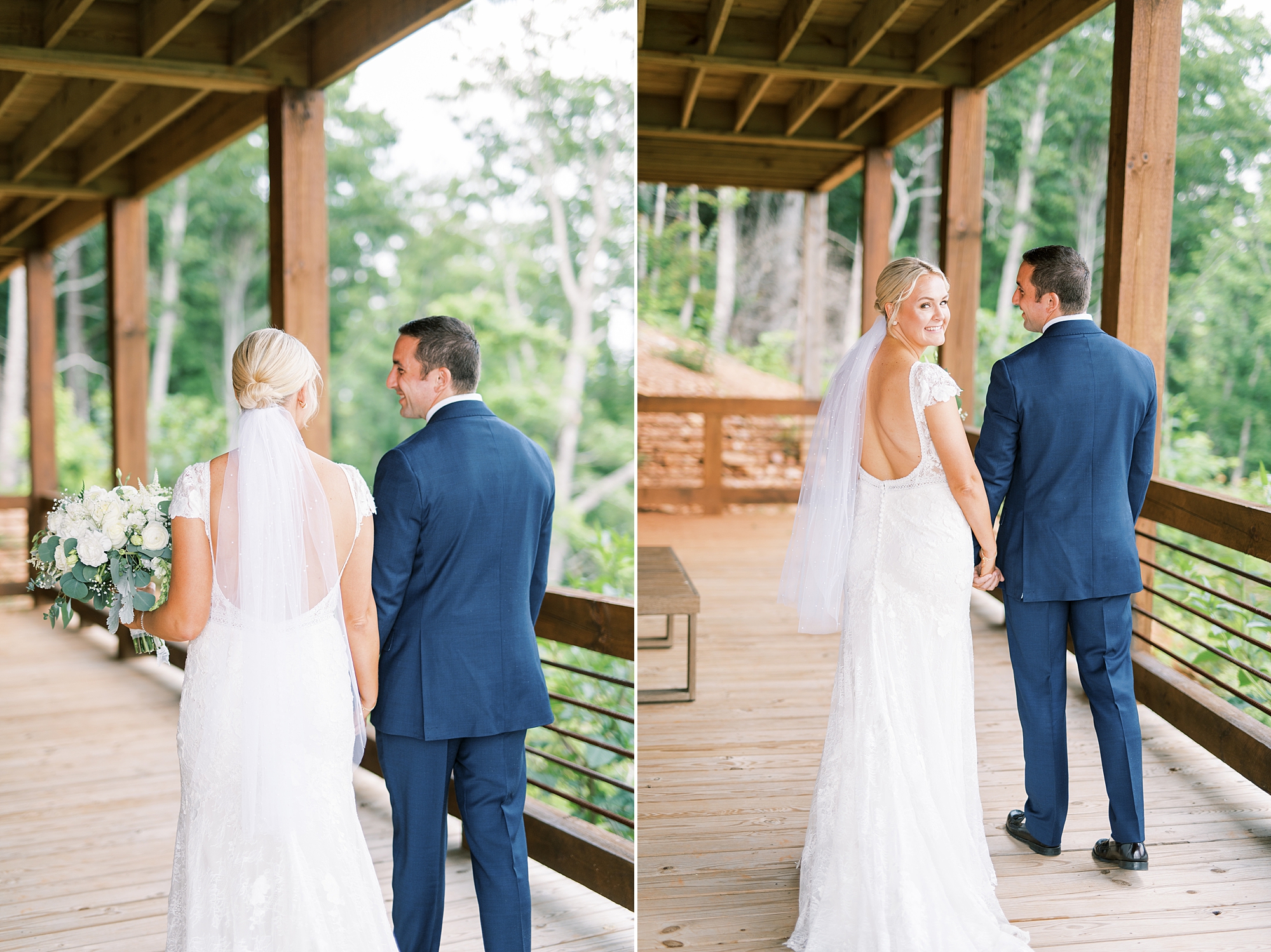 bride and groom walk together on patio