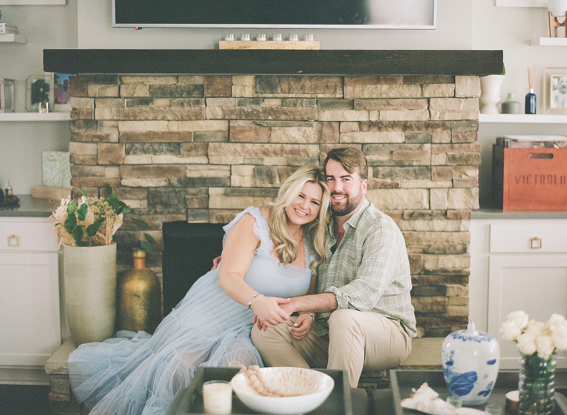 film photography of engagement session in home 