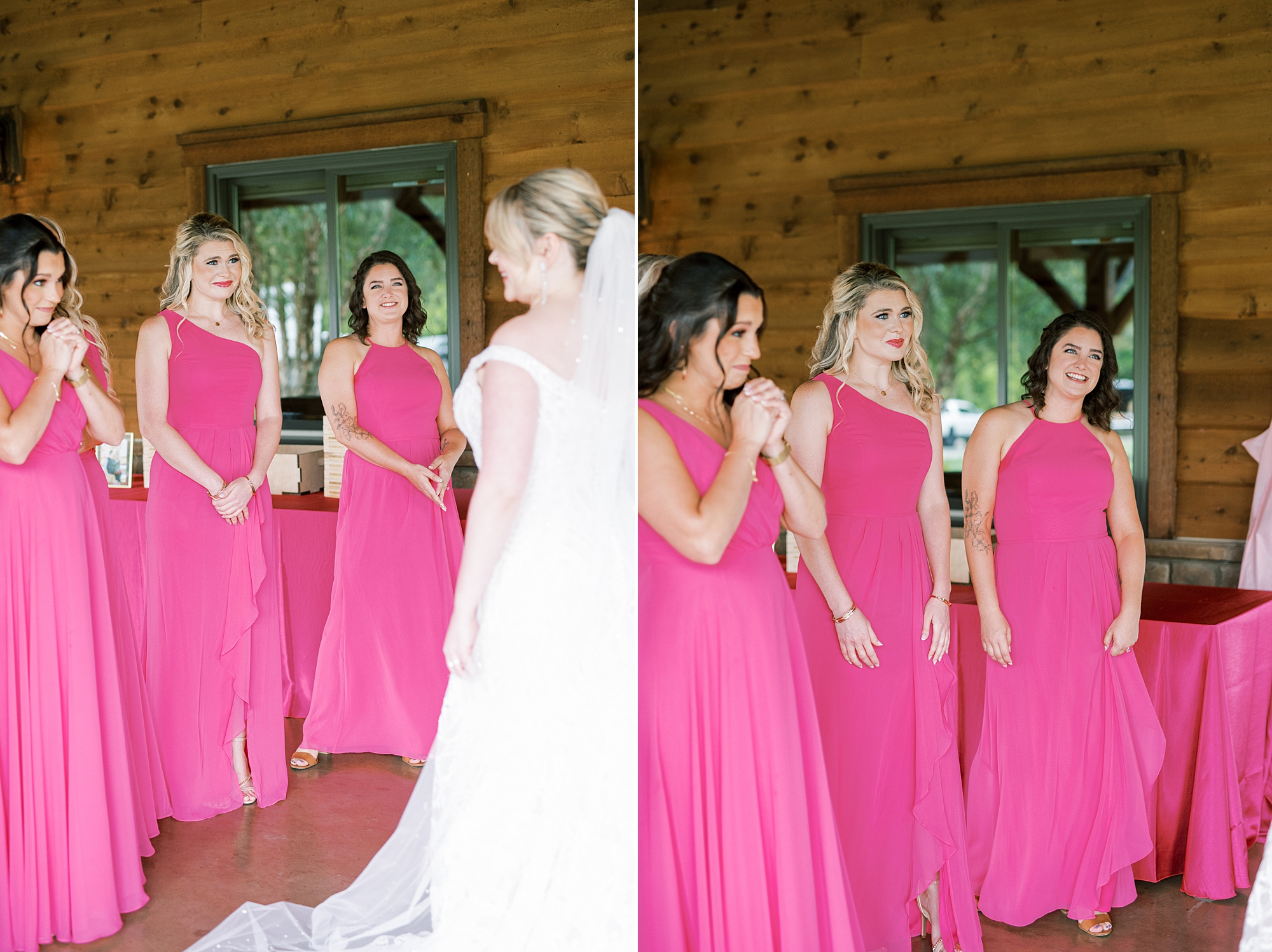 bridesmaids in magenta dresses see bride for first time in dress
