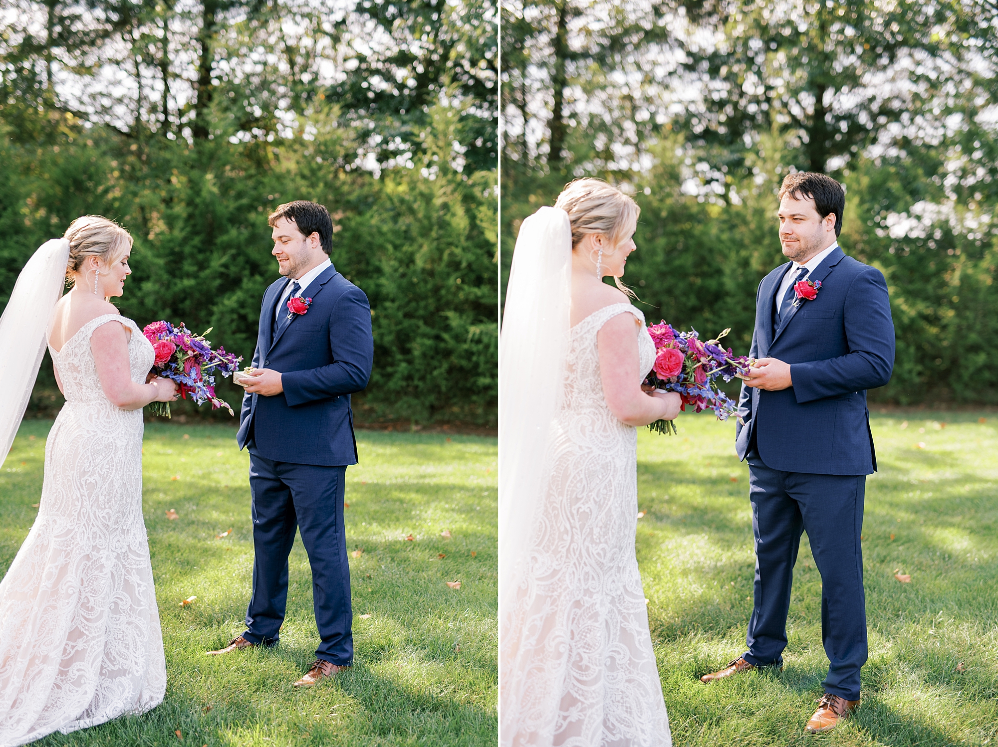 first look moment before Elegant Magenta-Inspired Wedding at The Barn at Sycamore Farms