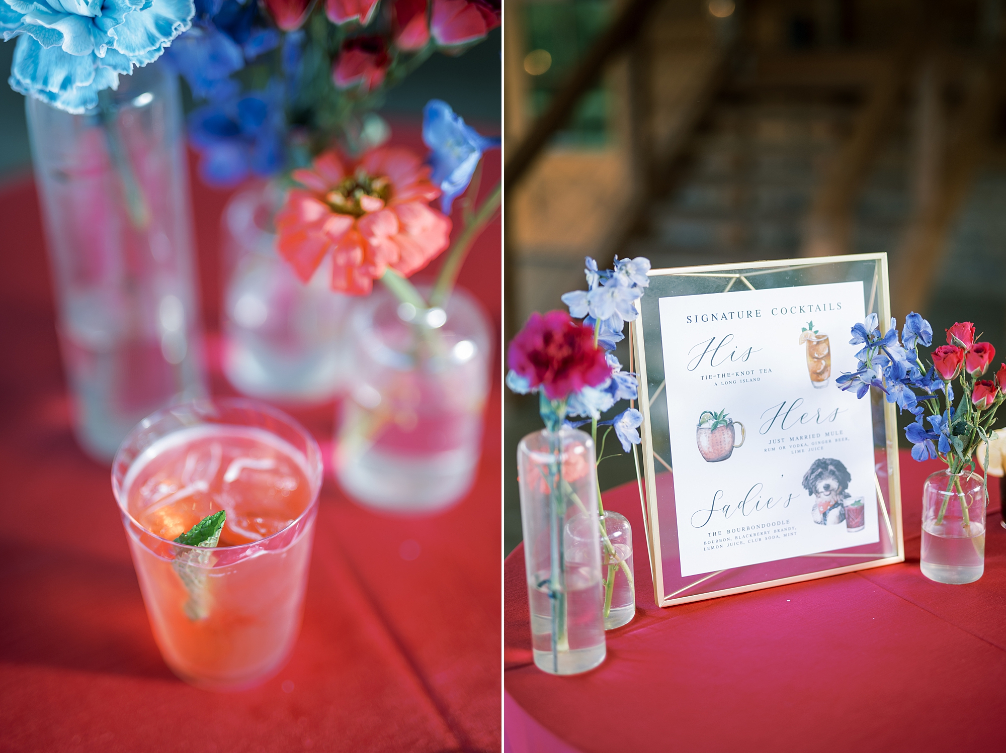 signature drinks from Elegant Magenta-Inspired Wedding at The Barn at Sycamore Farms
