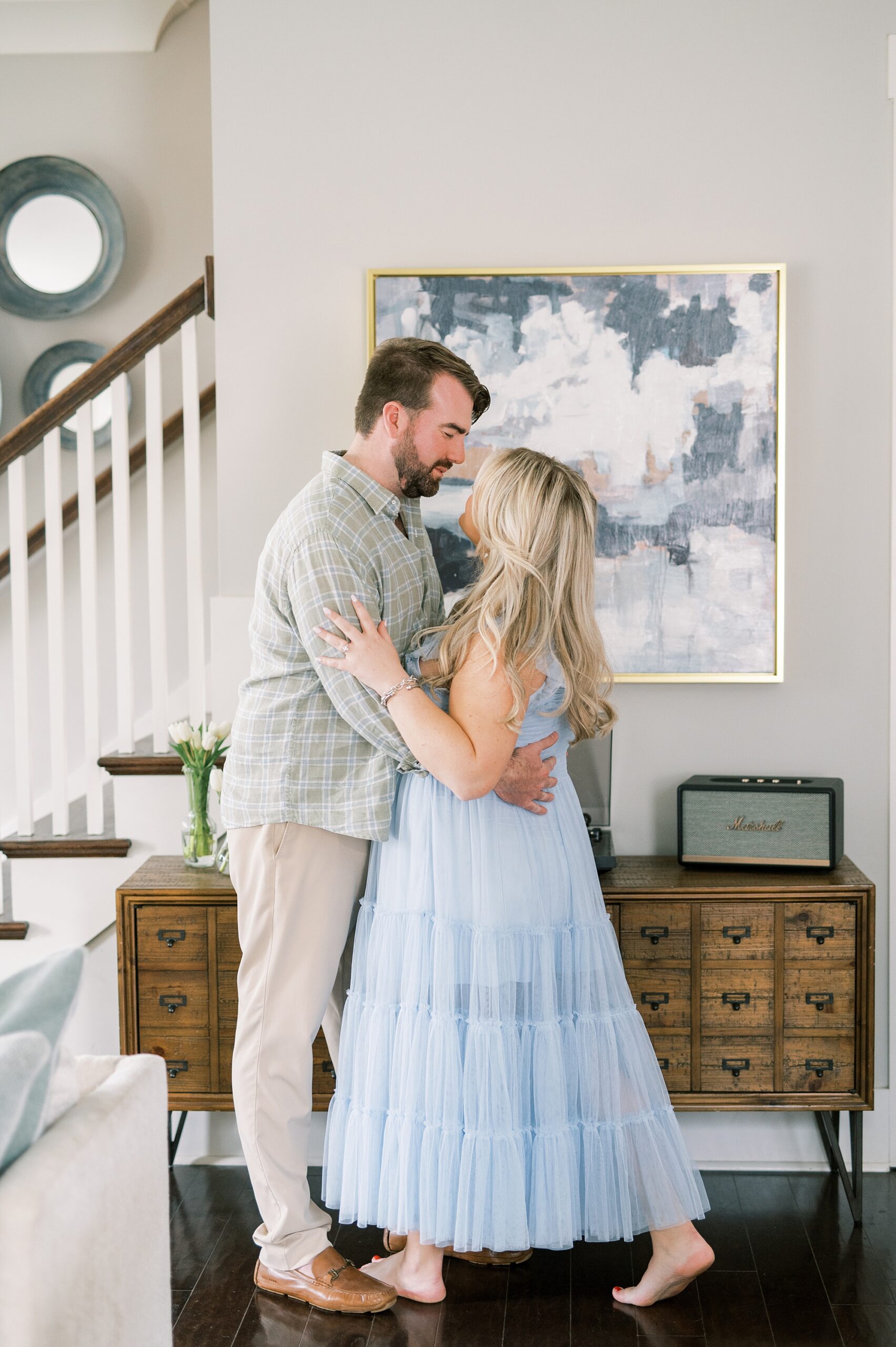 couple dance during Intimate in-home Downtown Franklin Engagement
