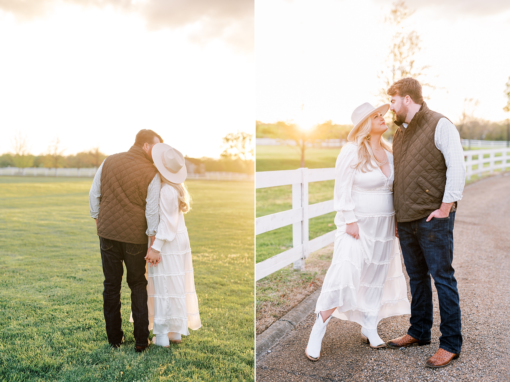 couple kiss by white fence at Harlinsdale farm