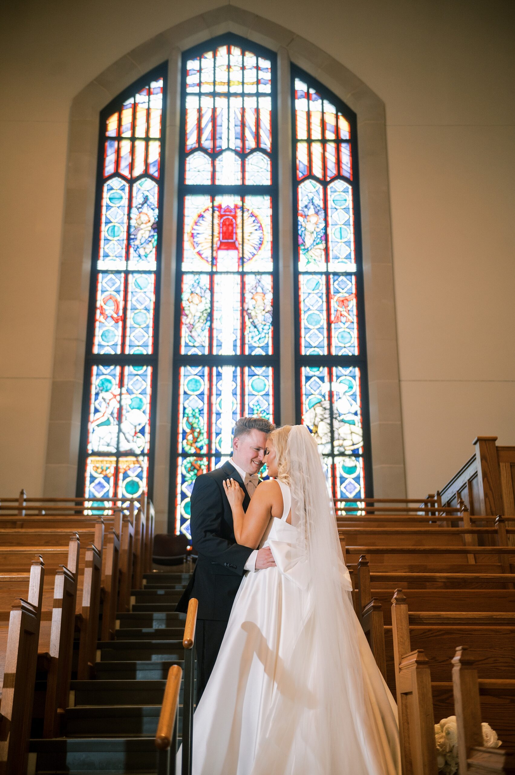 bride and groom inside Covenant Presbyterian church in Nashville