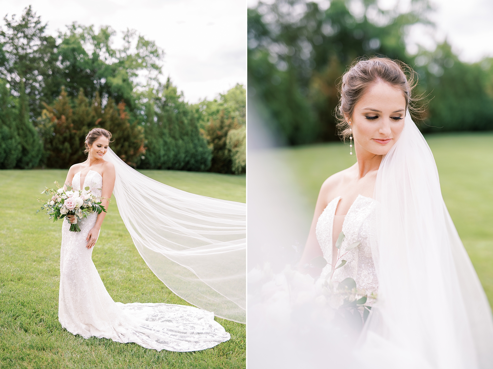 bride in field with veil flowing behind her