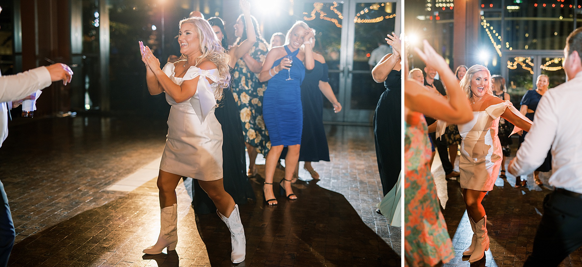 bride and wedding guests line dance at The Country Music Hall of Fame Nashville Wedding 