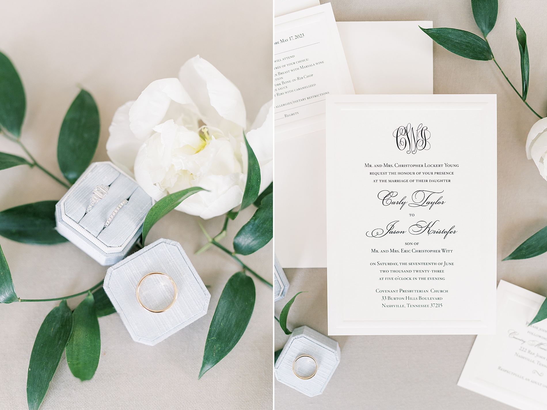 wedding invites and flat lay design from Elegant Nashville Wedding at The Country Music Hall of Fame
