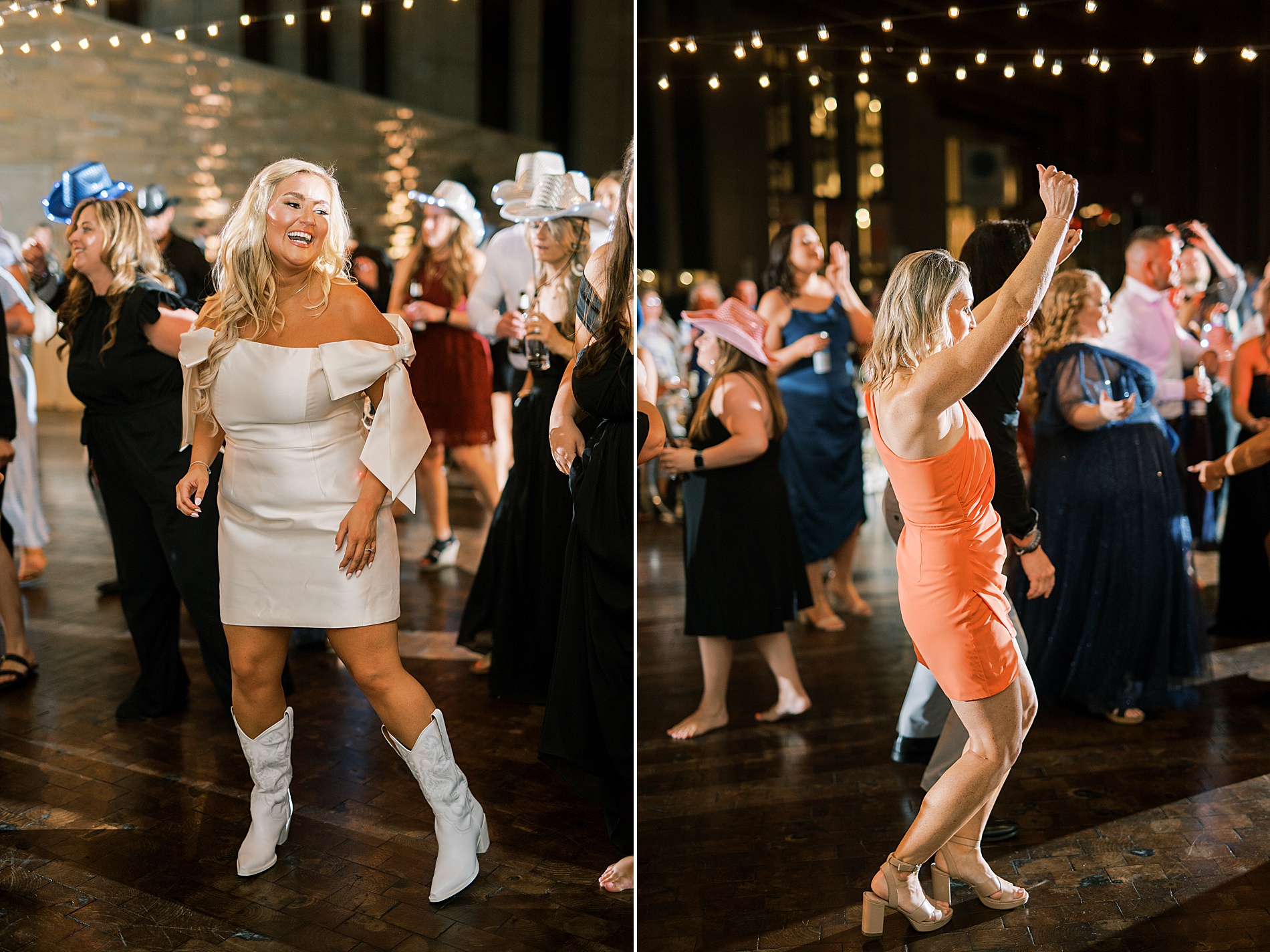 bride dances in white cowgirl boots at wedding reception