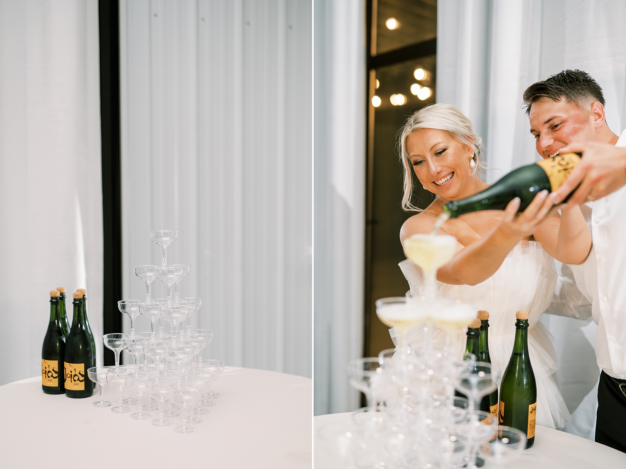 bride and groom pour champagne on champagne tower 