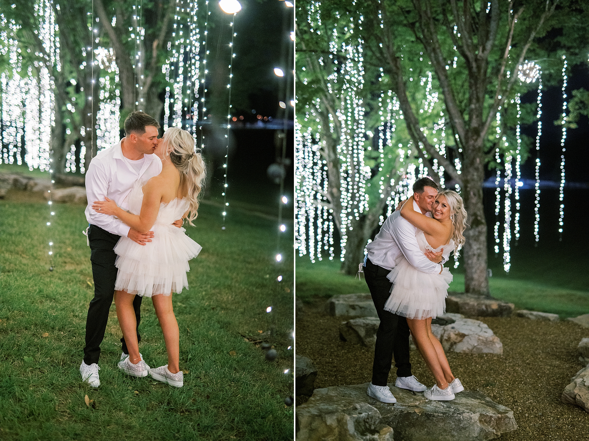 newlyweds kiss under twinkling lights 