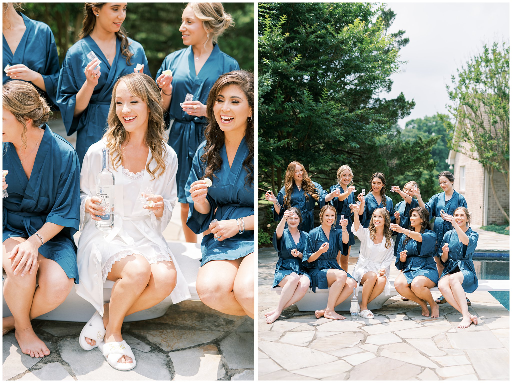 bride and bridesmaids toast with a shot a tequila before Cedarmont Farm Wedding in Franklin, TN
