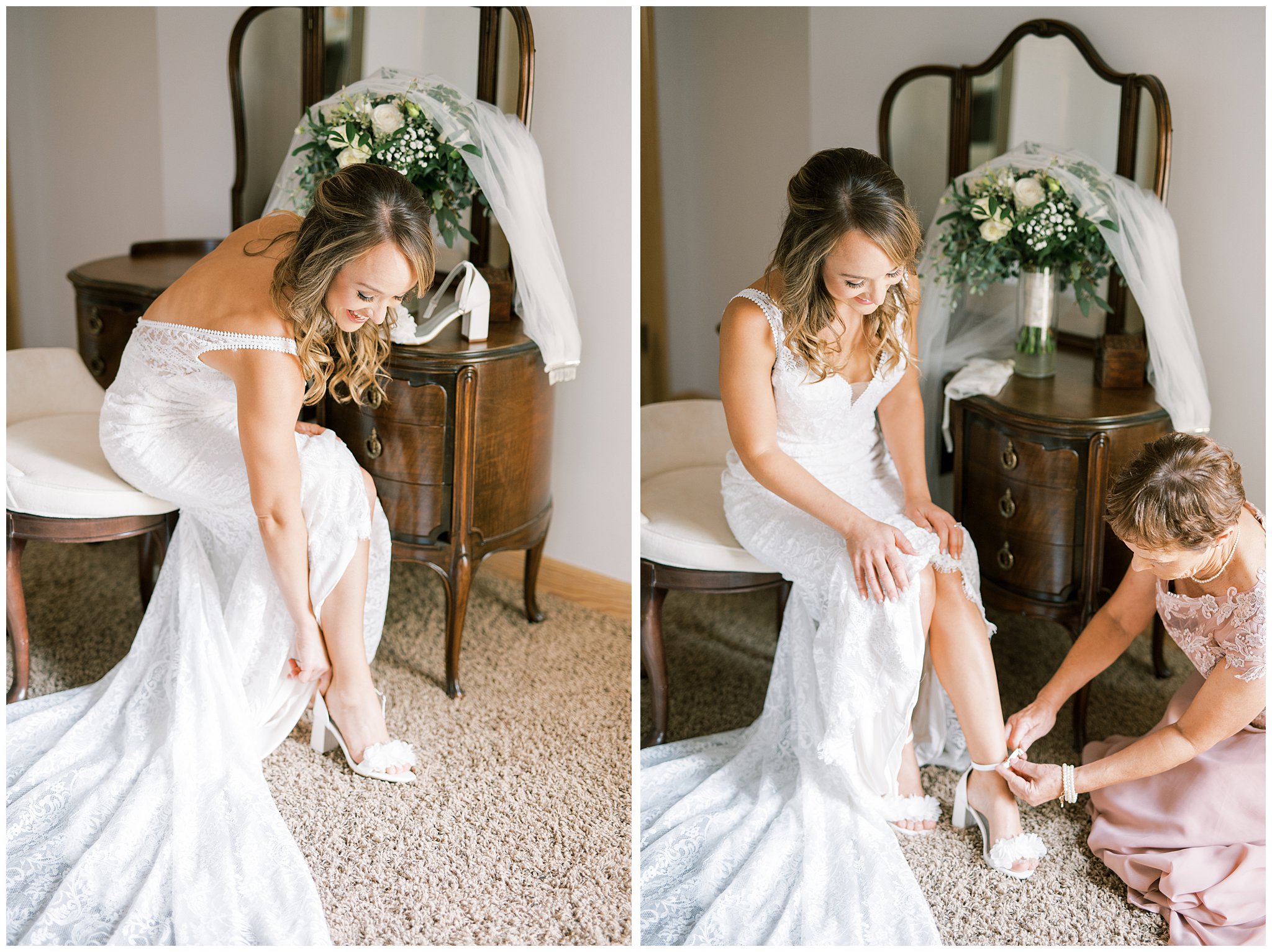 mother helps bride into wedding shoes