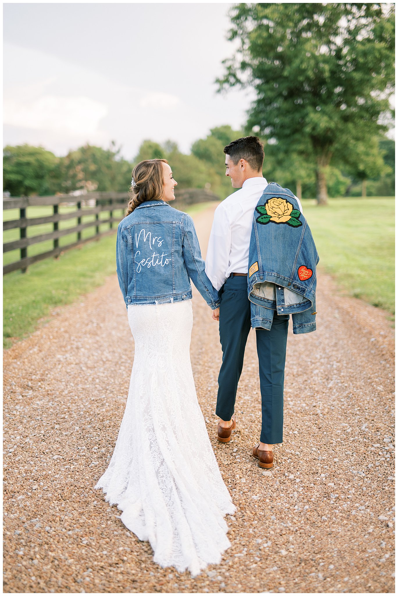 newlyweds in custom jean jackets