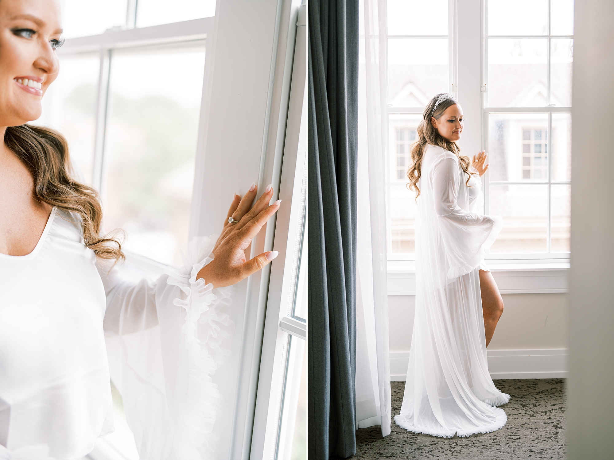 bride looks out of window while getting ready