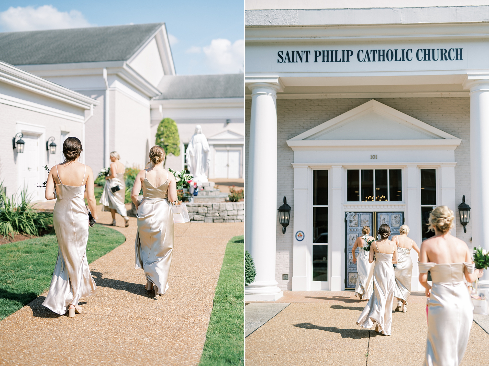 bridesmaids walk into church for Timeless Downtown Franklin Wedding 