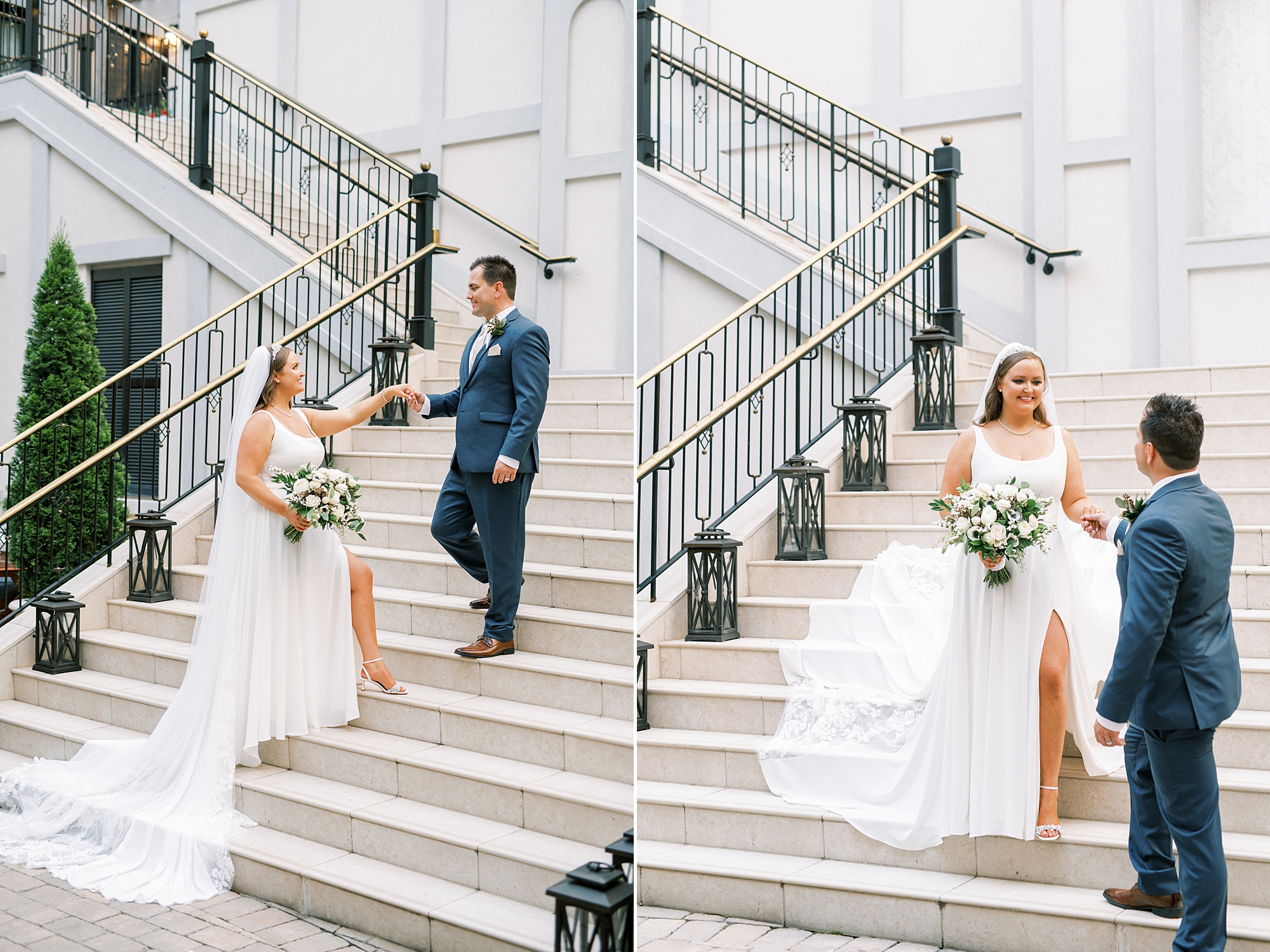 bride and groom on staircase at Harpeth Hotel 