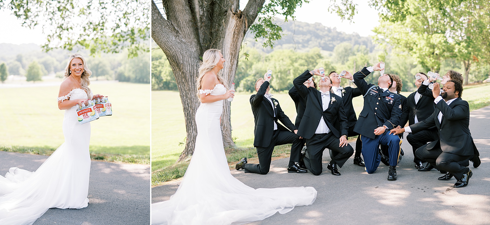 bride giving groomsmen a drink during fun wedding party portraits 