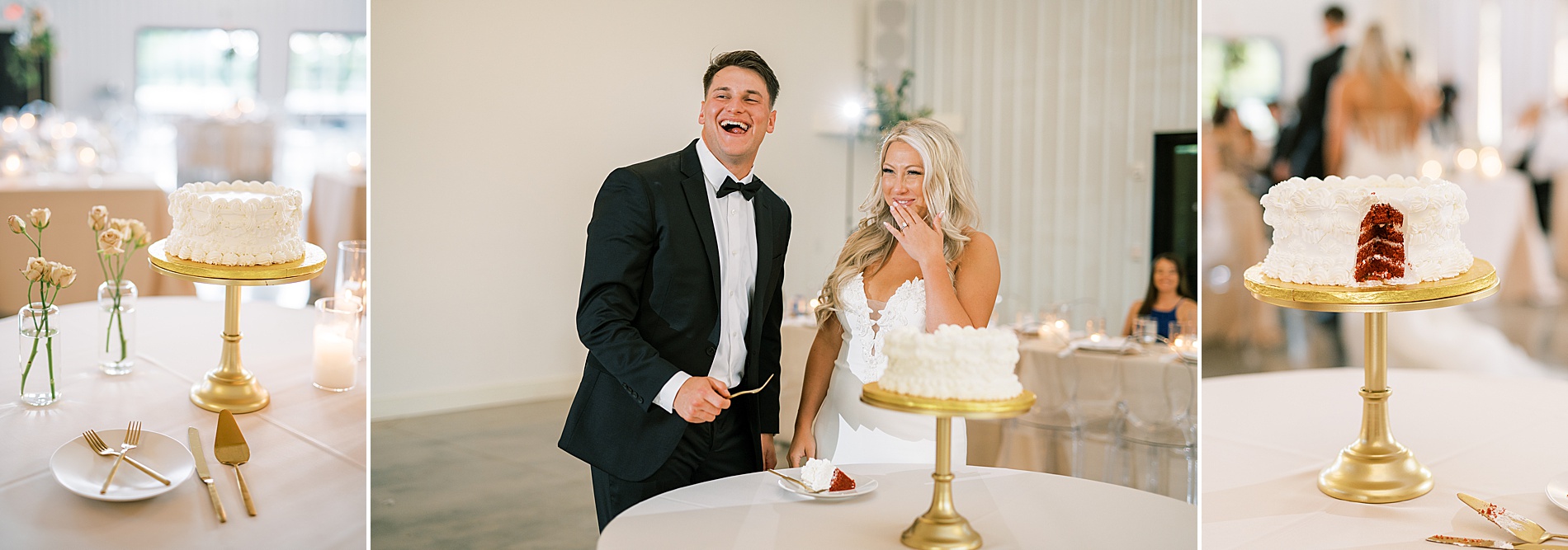 couple laugh as they eat cake