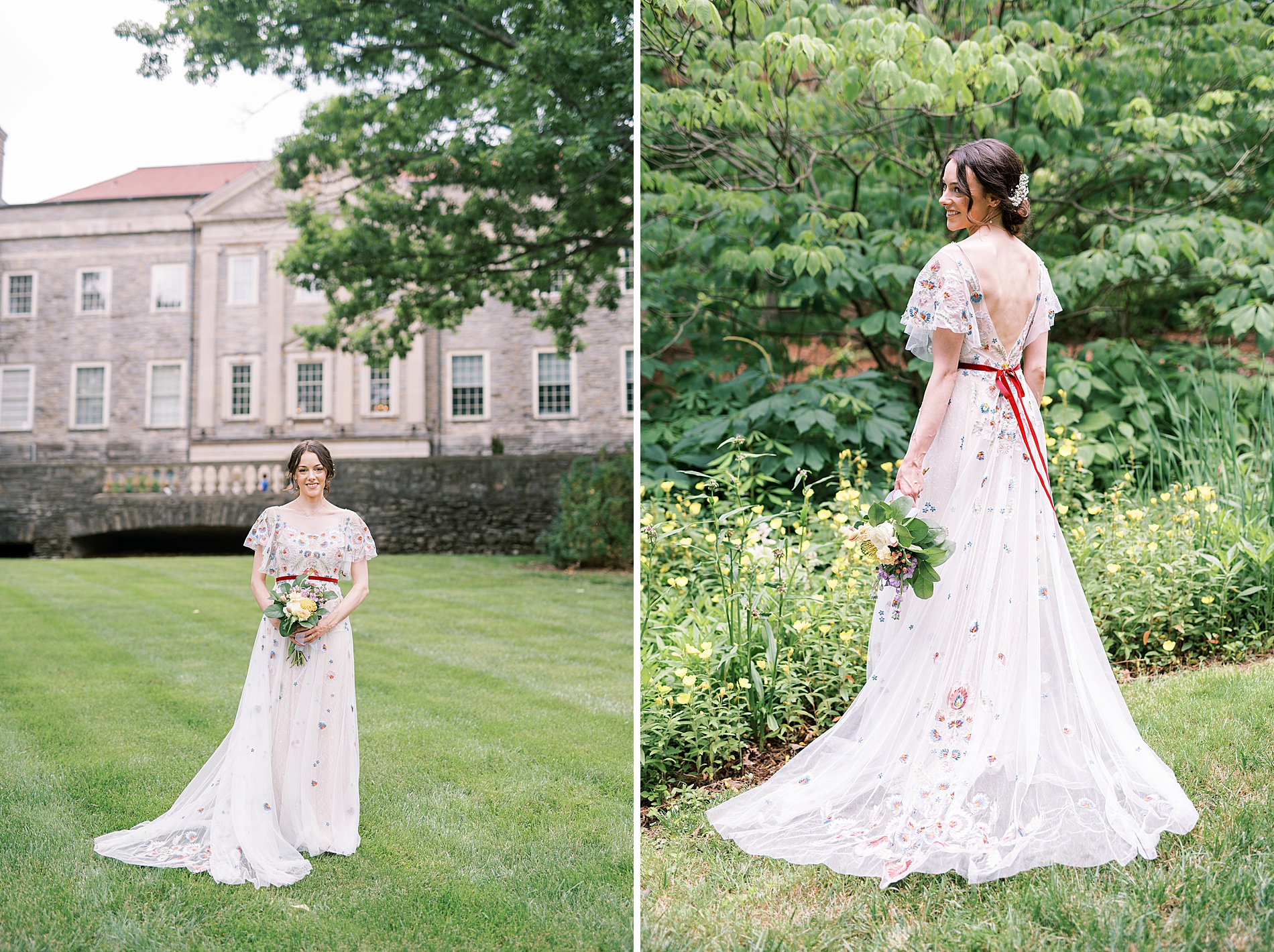 bridal portaits in unique wedding dress with colorful florals
