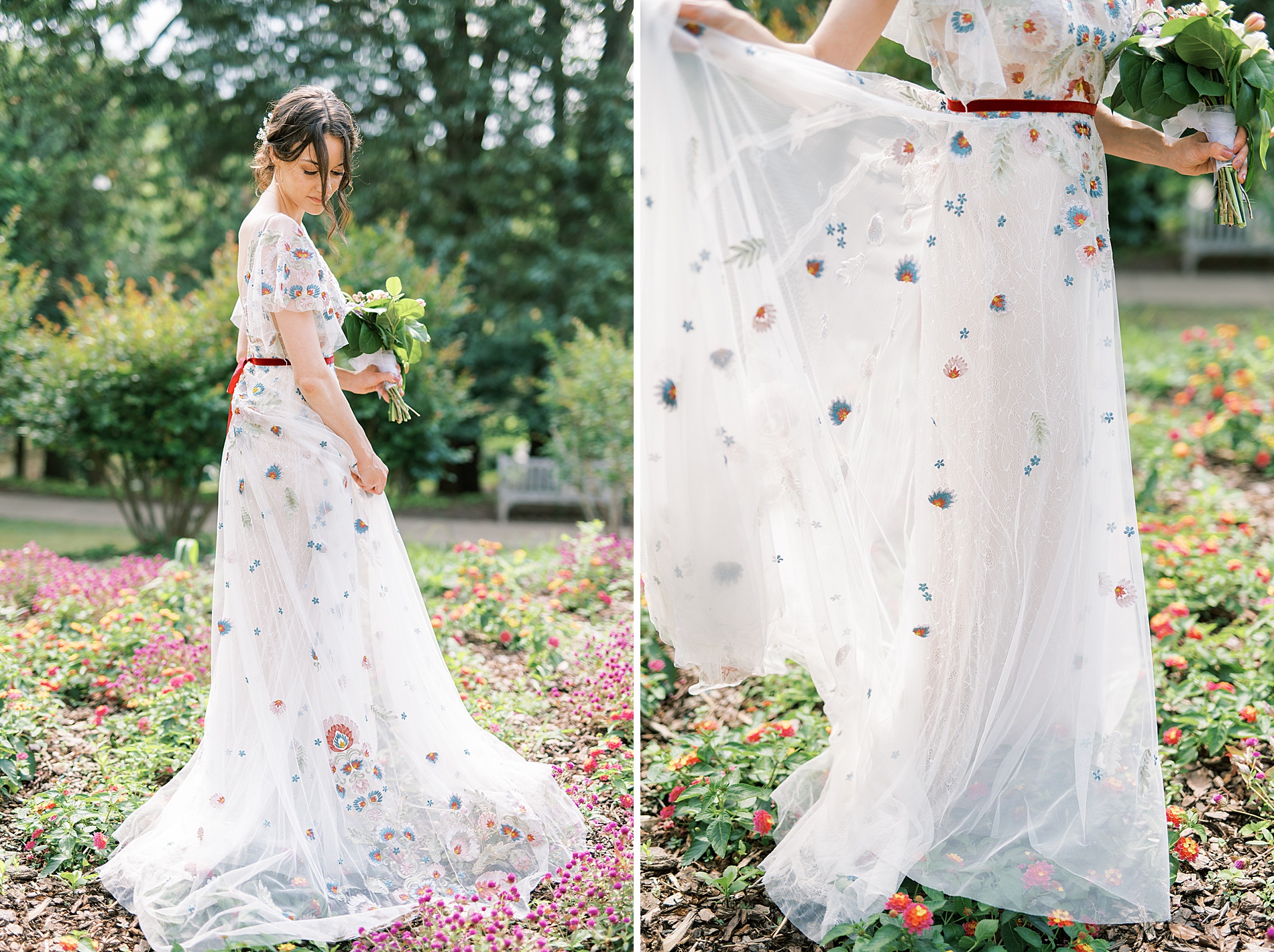 bride in colorful floral wedding dress in garden