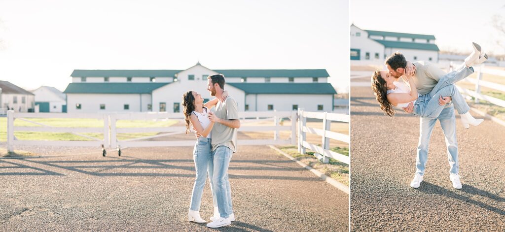 couple dance together on farm during engagement photos