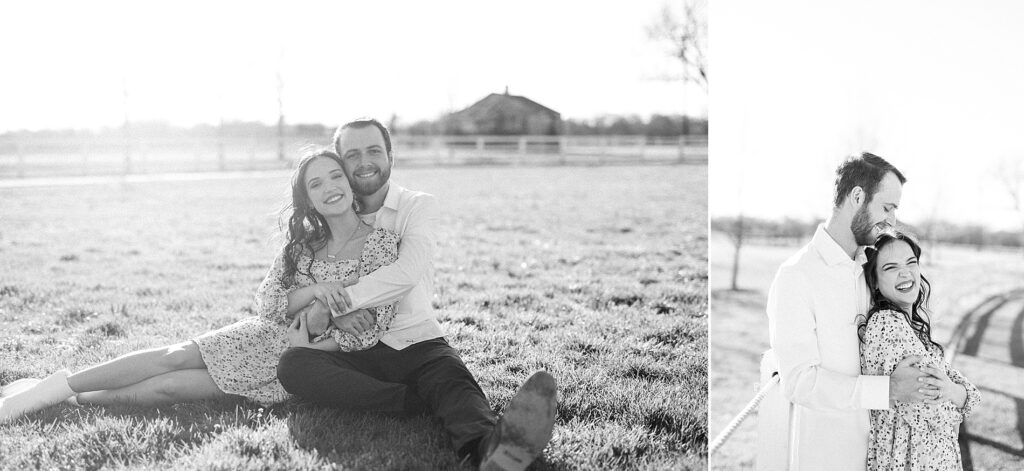 couple sit in field during engagement 