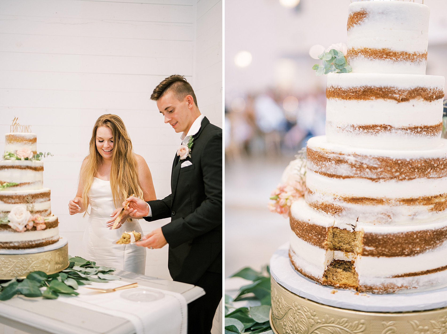 newlyweds have wedding cake