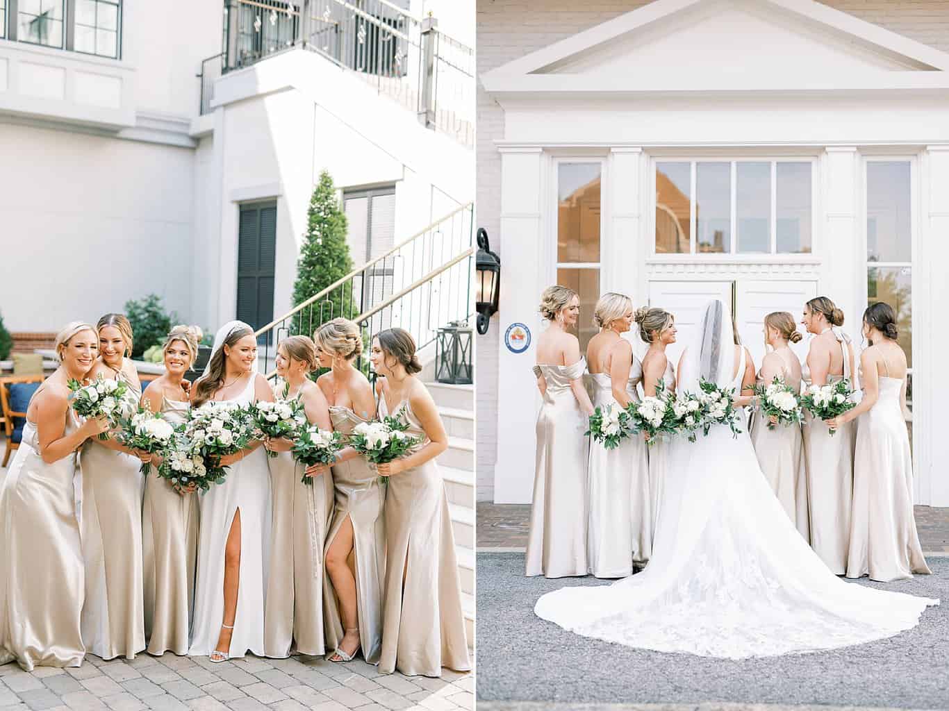 bride and bridesmaids in timeless champagne dresses and white bouquets