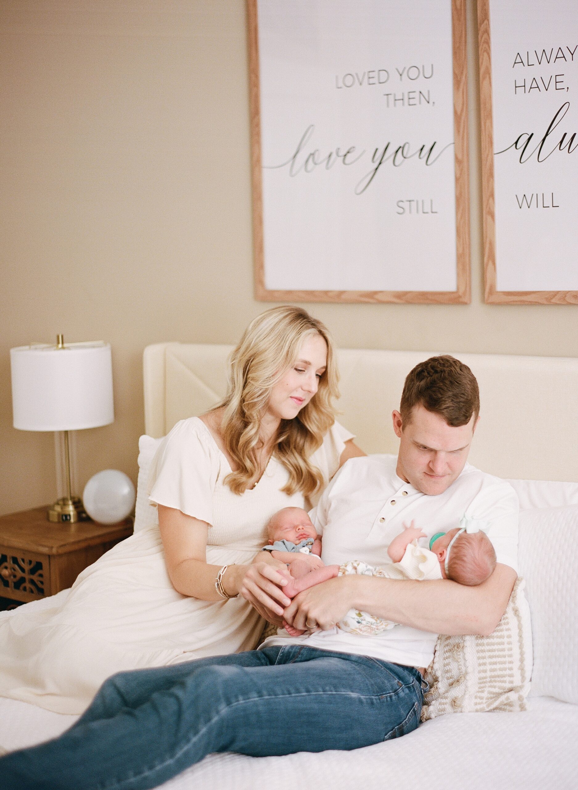 timeless family portaits of parents with newborn twins