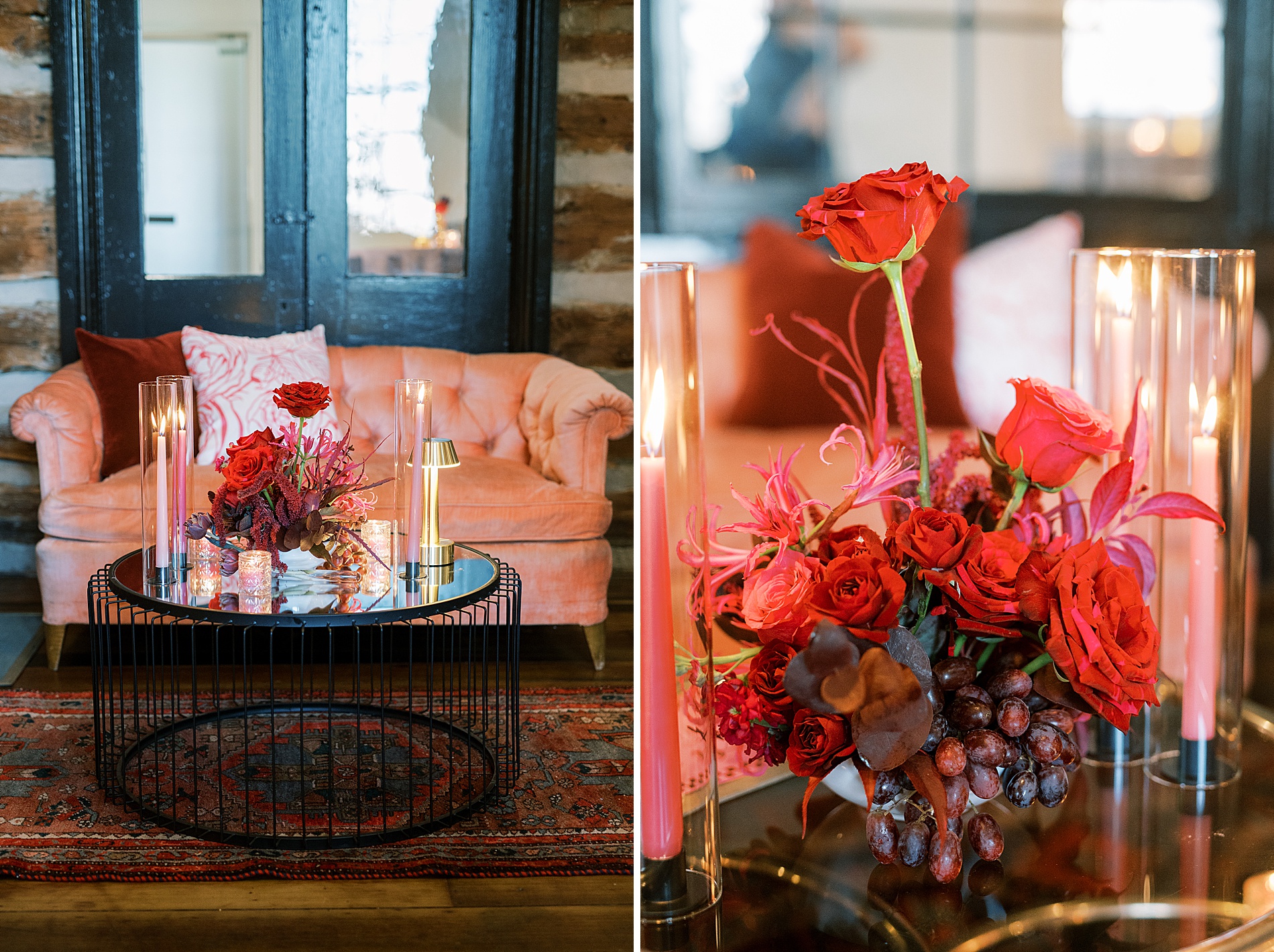 red floral arrangements and candle light create a welcoming space for Nashville Wedding professionals event