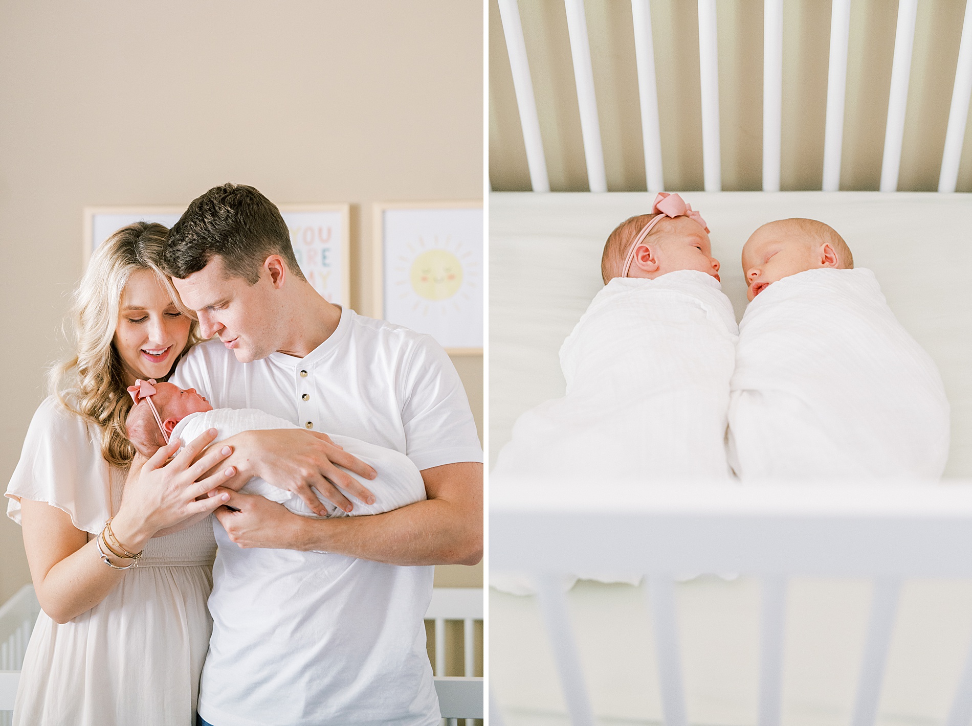 parents admire sleeping twins during In-Home Lifestyle Newborn Session
