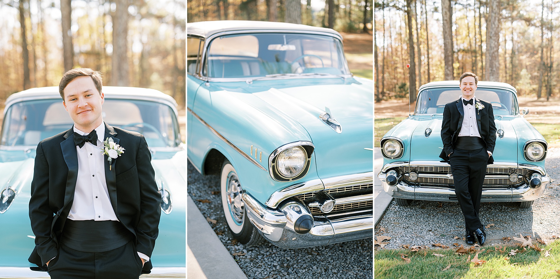 groom leaning against classic car