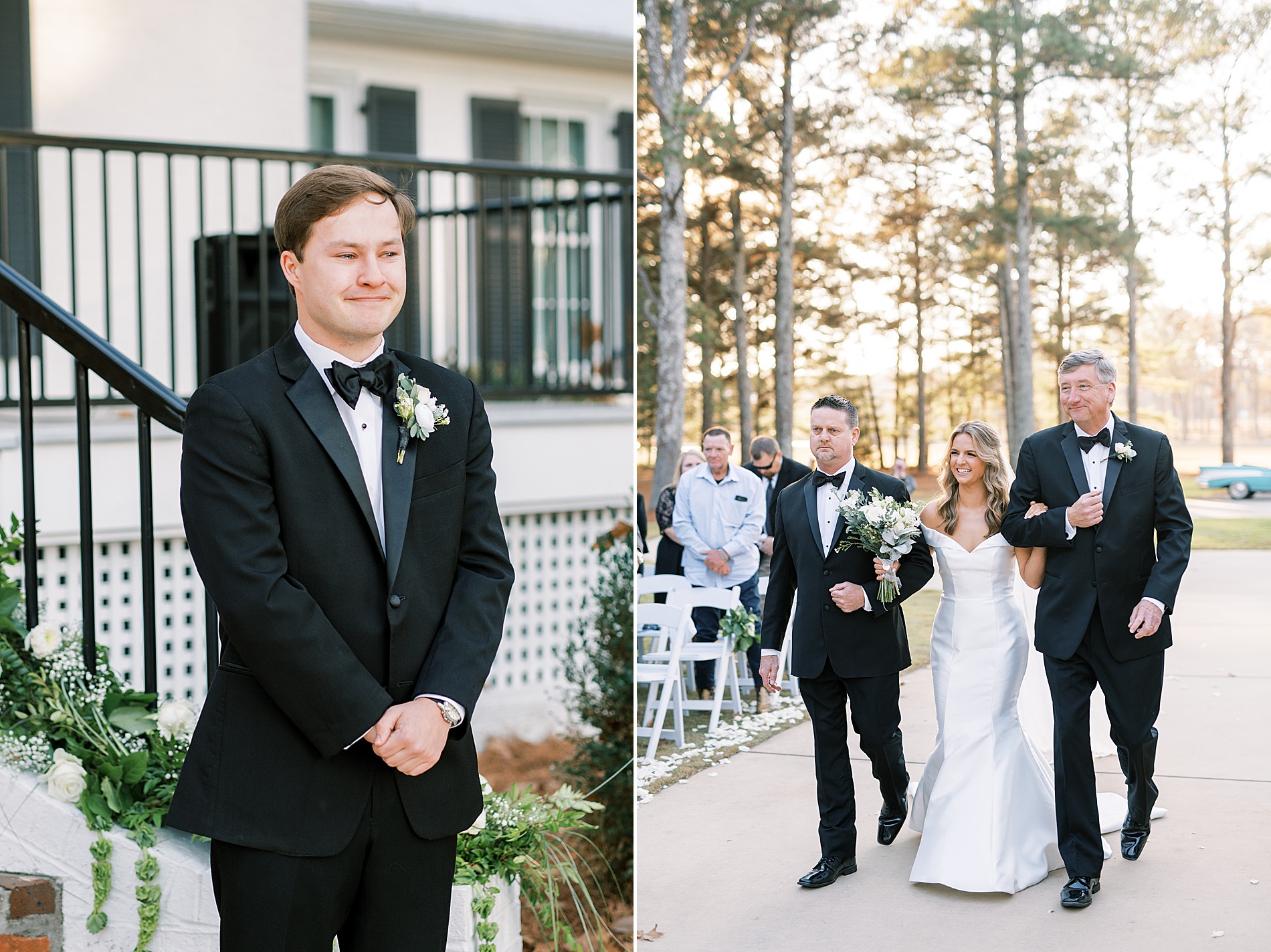 groom watches as bride walks down the aisle with fathers