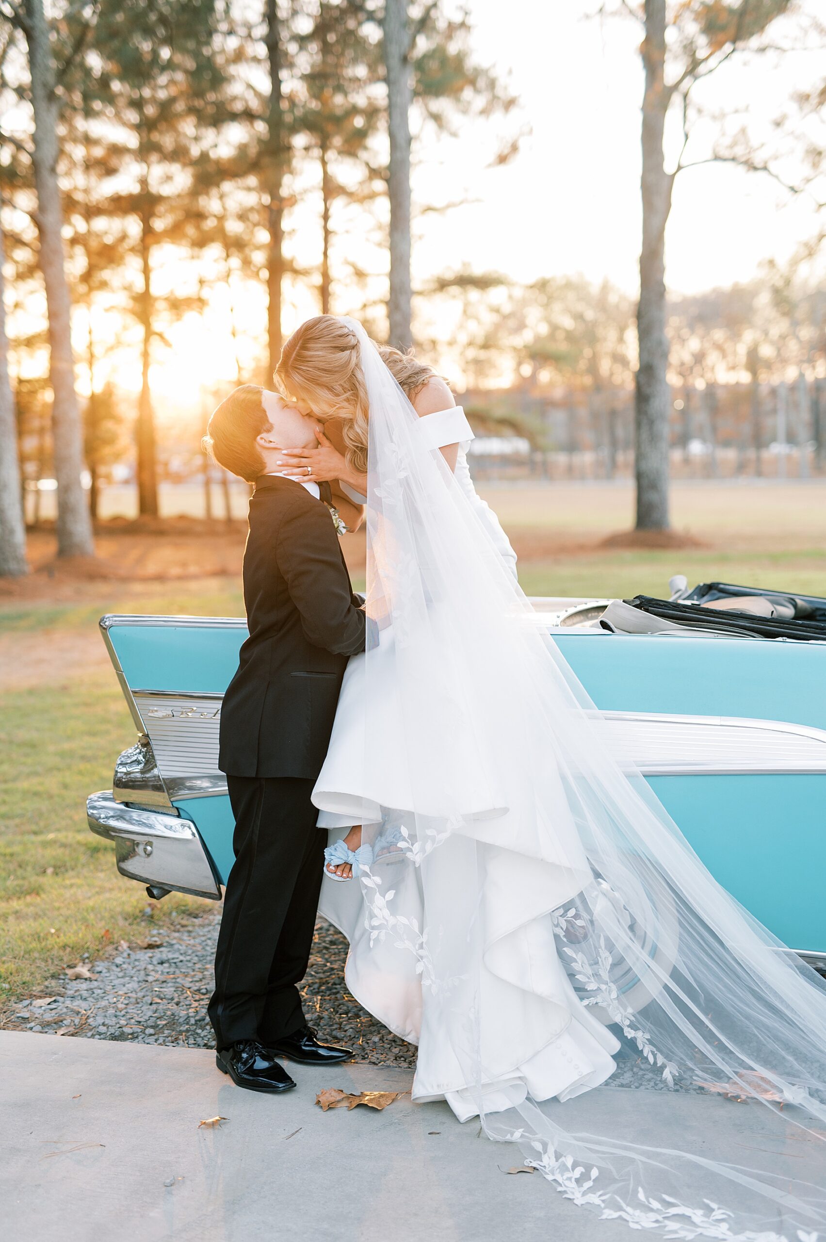 wedding portraits with classic car from The Witt House