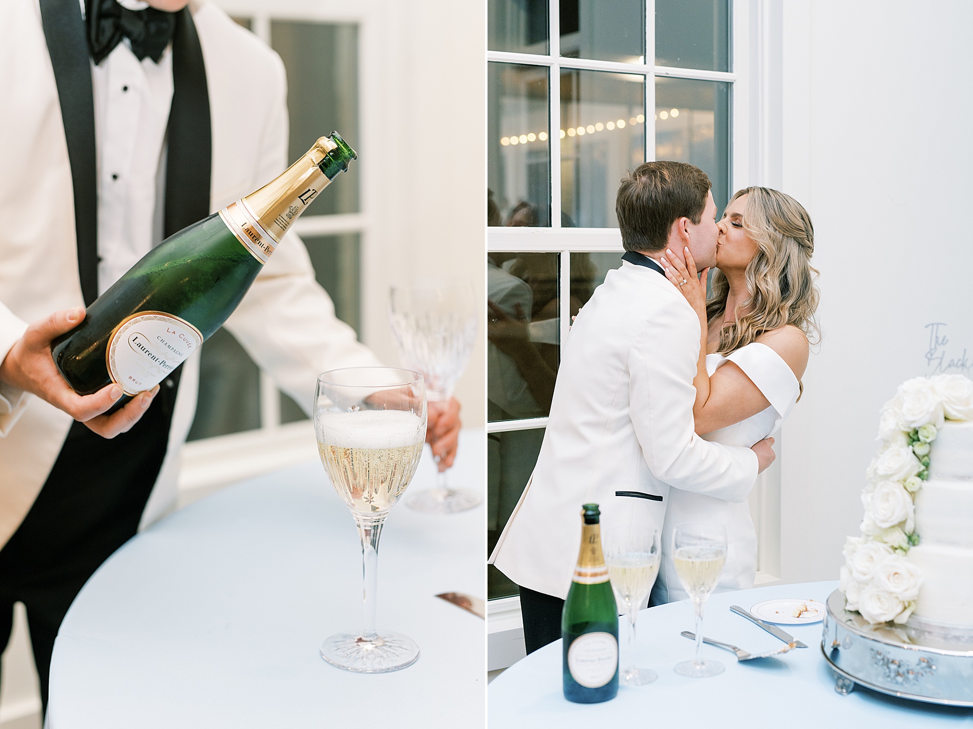 newlyweds share champagne during cake cutting