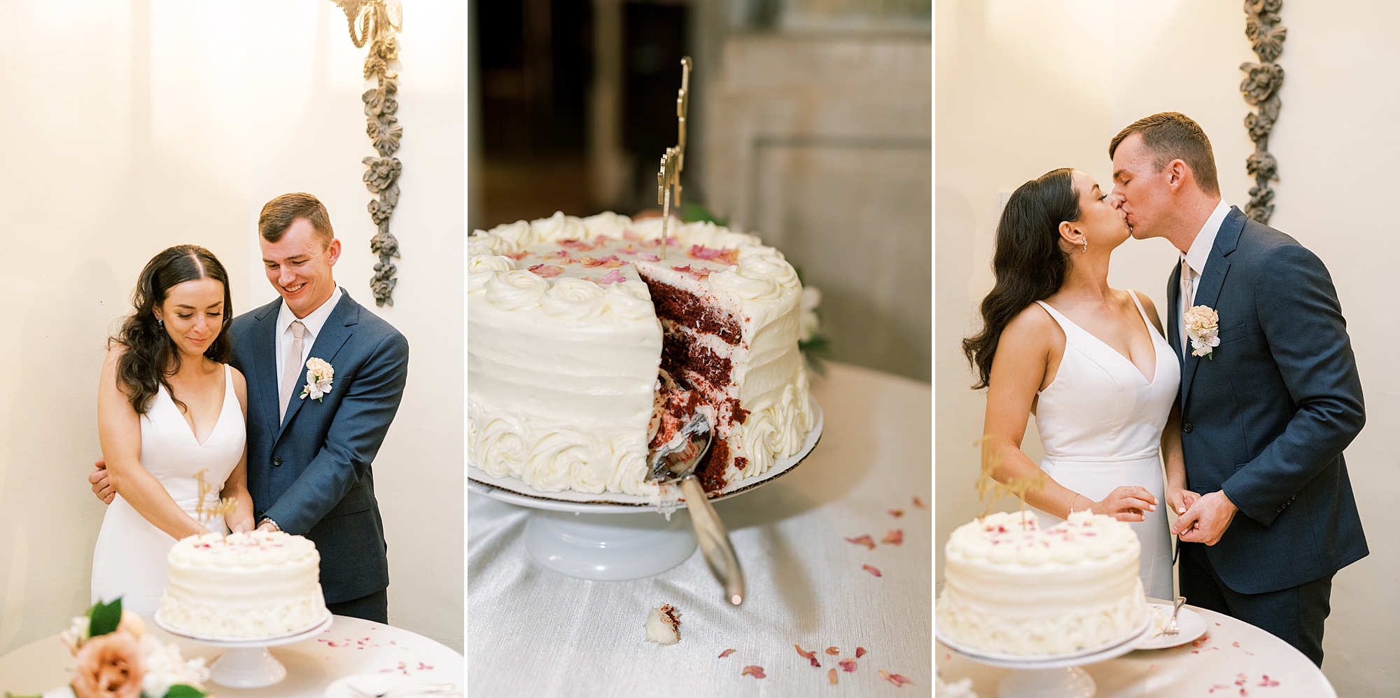 newlyweds cut their wedding cake and share a kiss 