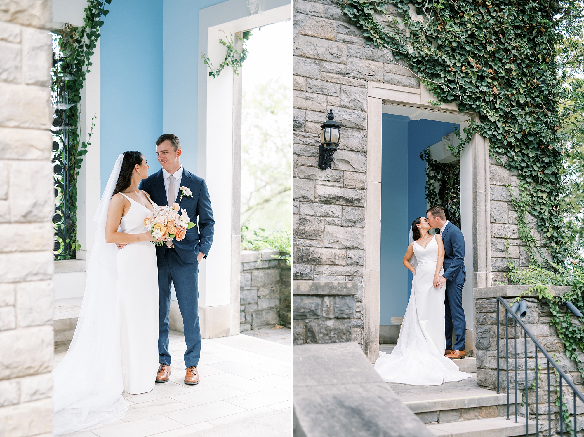bride and groom in doorway of stone building
