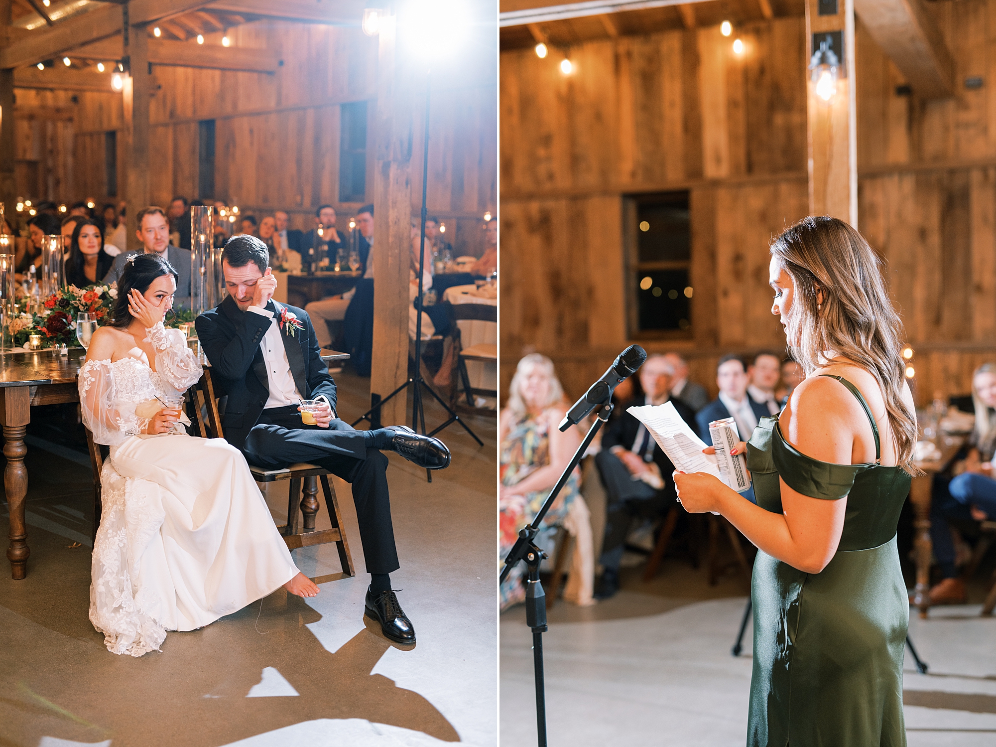 newlyweds wipe away tears during wedding speeches