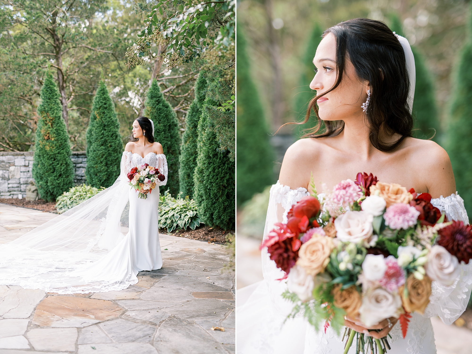 bride with romantic wedding bouquet in reds and pinks 