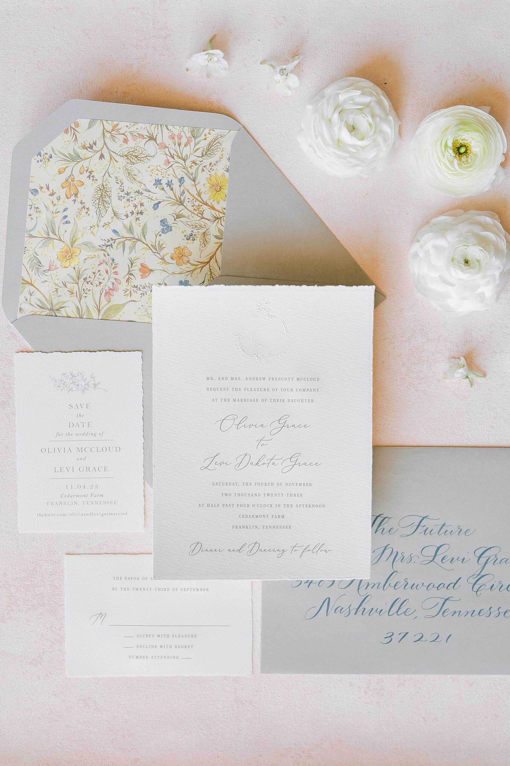 wedding invitation suite and flat lay design