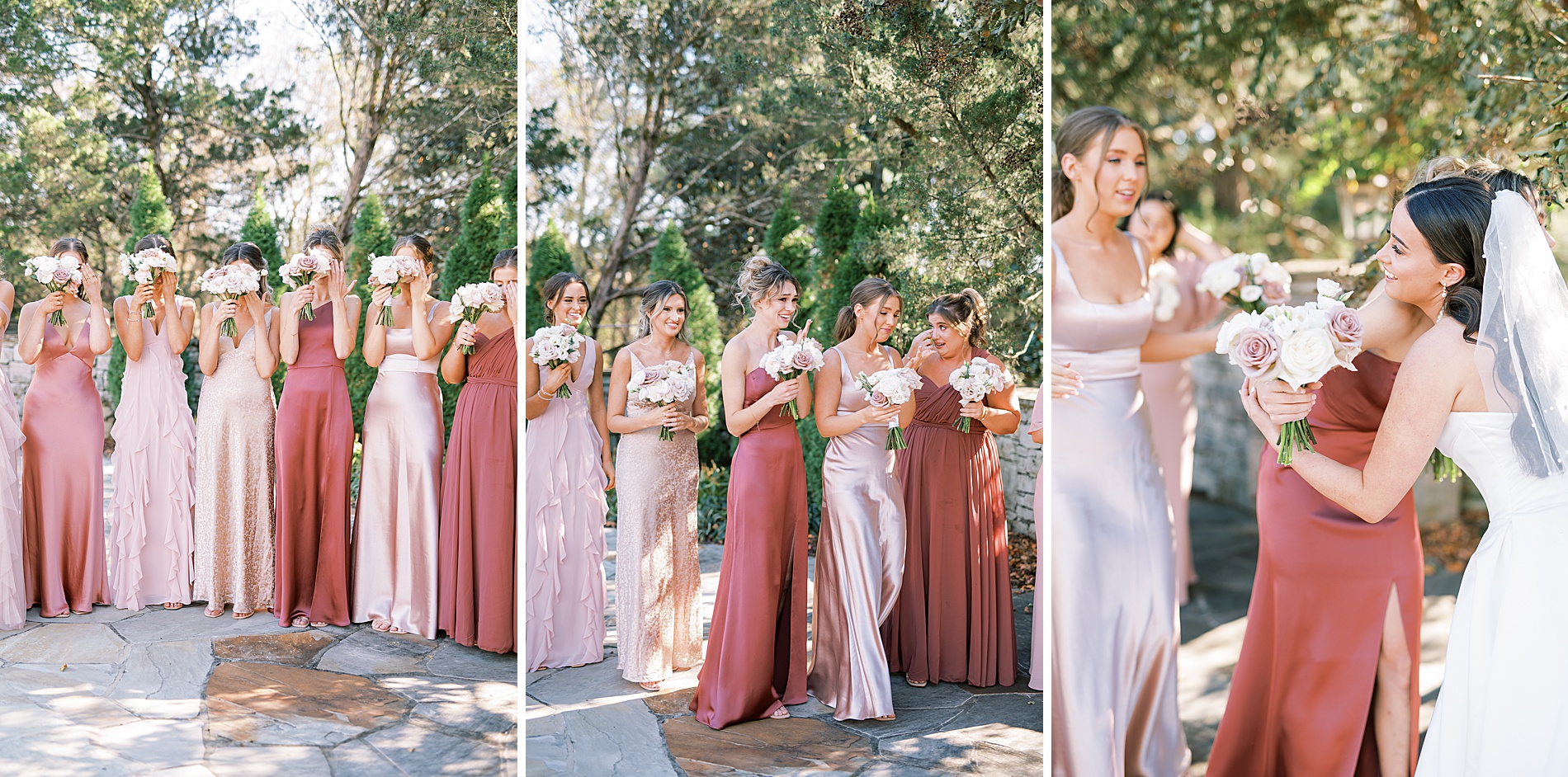 bridesmaids first look with bride before Romantic Cedarmont Farm Wedding