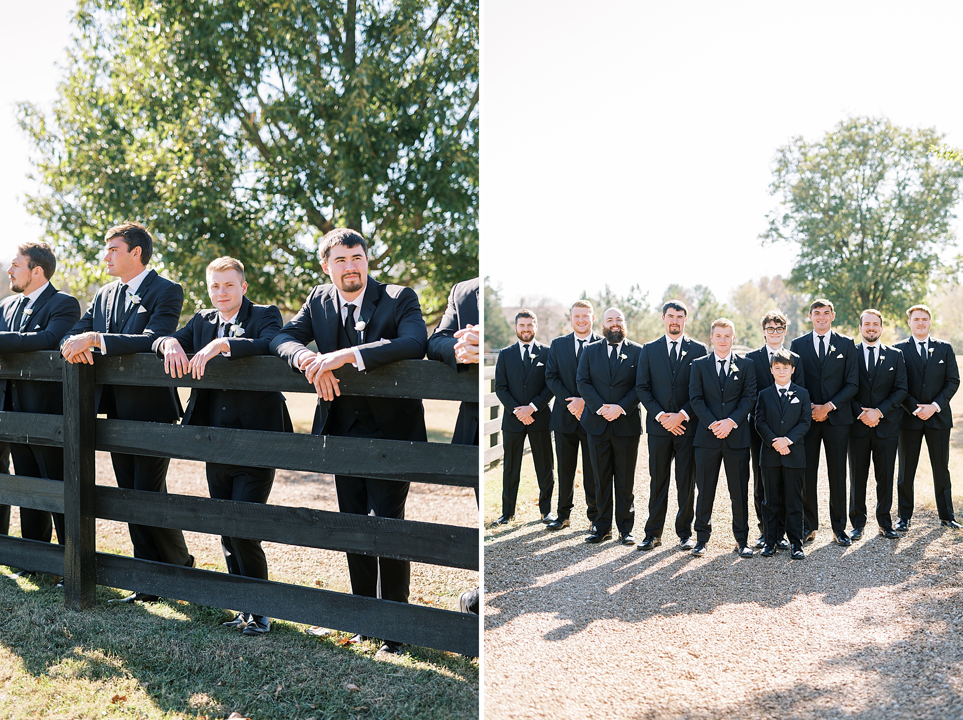 groom and groomsmen lean against fence