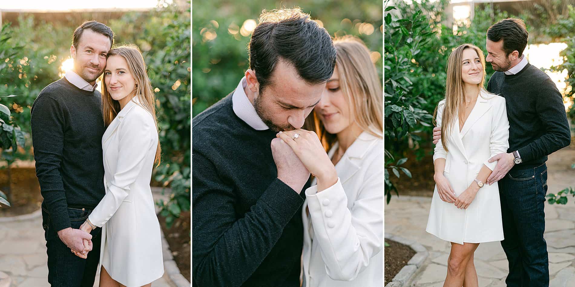 couple inside citrus greenhouse at Southall Farm & Inn after Surprise Proposal