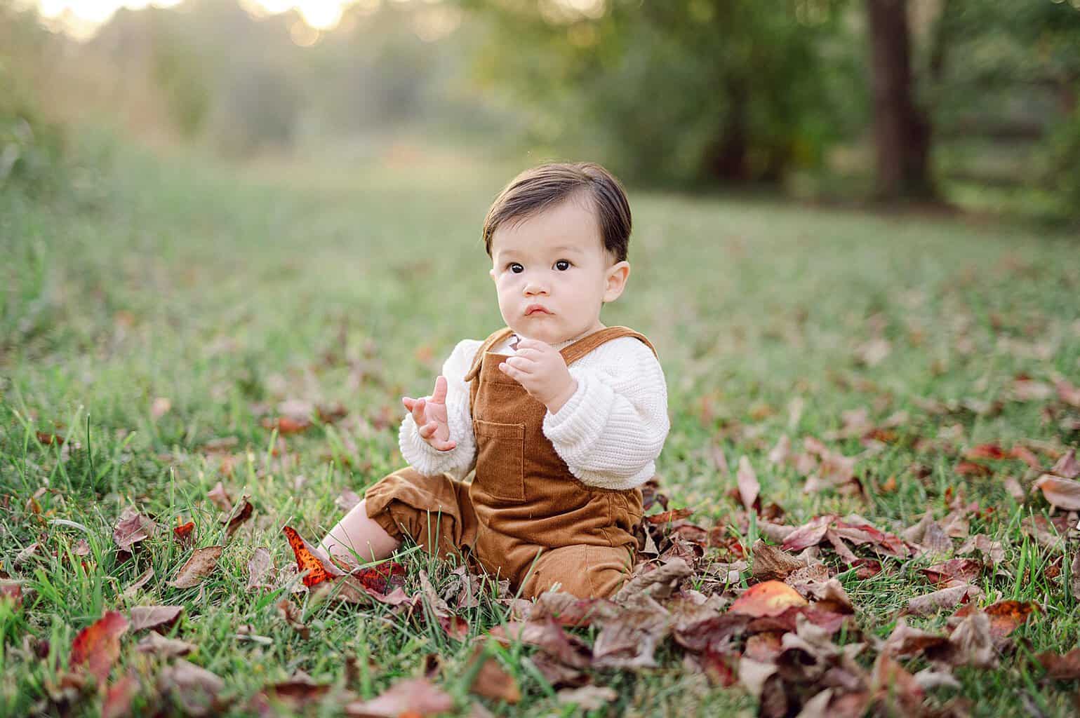 little boy plays with leaves during session